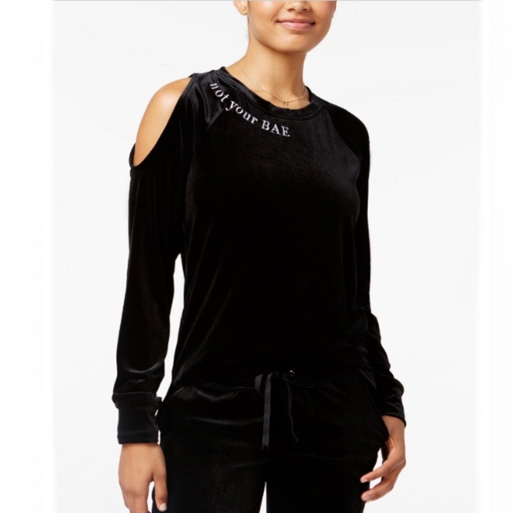 Material Girl Black Velour Cold Shoulder Top Size Large